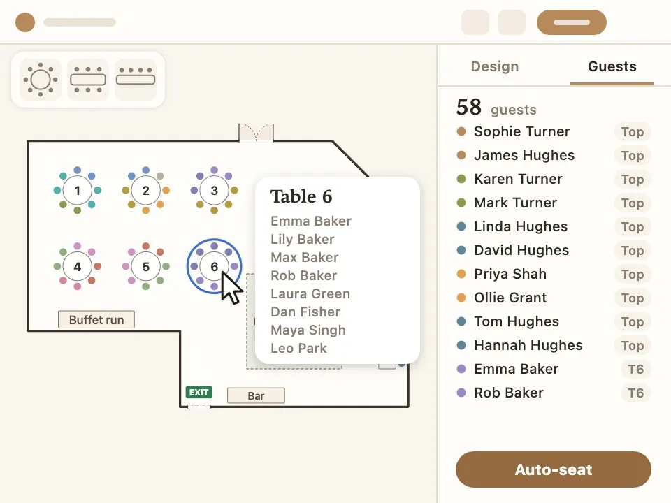 The terrace laid out with round tables and a top table, every chair filled by auto-seat, and Table 6's guests listed beside it