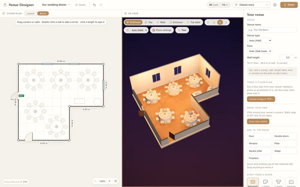 Room mode: an L-shaped dining room with wall lengths marked in metres beside its 3D view and the room settings panel