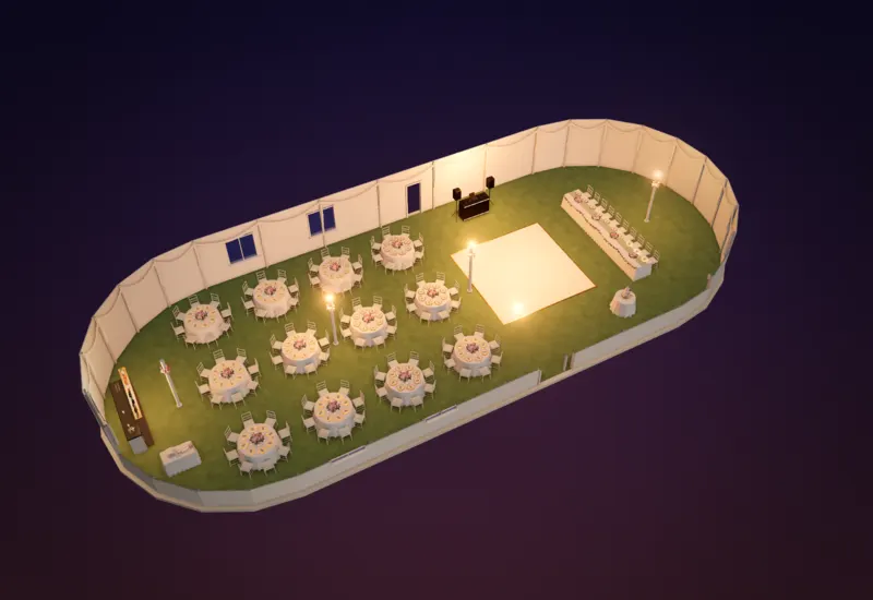 Marquee / sailcloth tent wedding layout shown in 3D